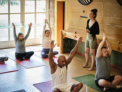 Buy stock photo Instructor, teaching or people in yoga class for meditation, breathing or body flexibility in zen studio for peace. Woman sun salutation, relax or pilates group with mindfulness or wellness together