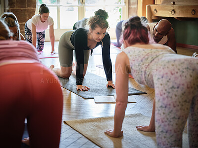 Buy stock photo Support, group or women learning in yoga class for meditation or body flexibility in zen studio. Box pose, book or calm people in pilates stretching for balance, energy or wellness to relax together