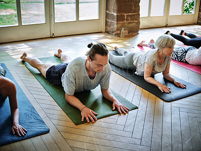 Buy stock photo Senior woman, relax or yoga class for body balance, breathing or healing in studio for flexibility. Community, peace or group of calm people in pilates with mindfulness, support or wellness together 