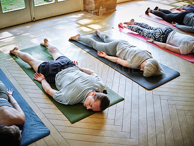 Buy stock photo Yoga mat, people or relax in studio for peace wellness, meditation or advasana for calm nerves. Fitness, group breathing and reverse corpse pose for zen mindfulness and  spiritual health in class 