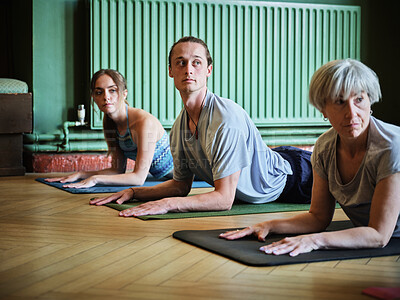 Buy stock photo Group, yoga or people in class for meditation, breathing or body flexibility in zen studio for peace. Pilates club, group or healthy friends on mat in calm pose for mindfulness or wellness together