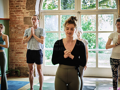 Buy stock photo Meditation, breathing and instructor with people in yoga class, exercise and holistic practice. Spiritual, mindfulness and teacher training group to workout with peace, zen and meditate on chakra