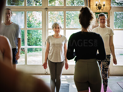 Buy stock photo Start, instructor teaching or women in yoga class for meditation or body flexibility in zen studio. Coach, ready or calm people in pilates club for chakra energy, aura or wellness to relax together