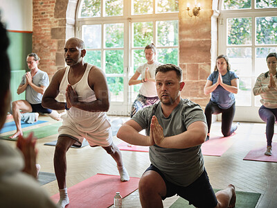 Buy stock photo Prayer, teaching group or men in yoga class for meditation or body flexibility in zen studio together. Community, ready or calm people in pilates club for chakra energy, aura or wellness to relax