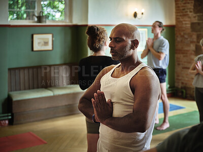 Buy stock photo Namaste, yoga and man in meditation class, spiritual mindfulness and peace. Prayer hands, calm and Indian person in breathing exercise, fitness and zen for healthy body, wellness and relax in gym