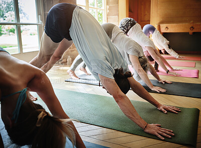 Buy stock photo Group, people or stretching for yoga, workout and exercise in fitness centre or gym with mat. Wellness, men or women with pilates, physical activity and downward dog on floor of studio for balance