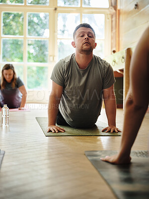 Buy stock photo Stretching, yoga and meditation with group, man and exercise with fitness, wellness and stress relief. People, workout and breathing with performance, activity and hobby with energy, relax or healthy