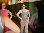 Support, group or people ready for yoga class for meditation or body flexibility in zen studio together. Healthy, start or calm women in pilates for balance, energy or wellness to relax or breathe