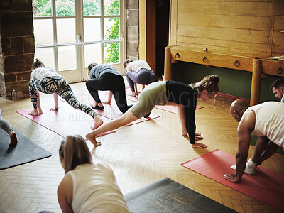 Buy stock photo Balance, instructor or people stretching in yoga class for support or body flexibility in studio together. Coach, teaching or calm women learning in pilates for chakra, energy or wellness to relax