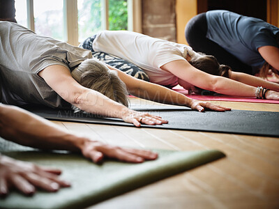 Buy stock photo People, yoga and balasana for stretching in class for health, wellness or fitness. Person in pose on mat for exercise, breathing and peace for relaxing of muscles for balance, calm ness and quiet