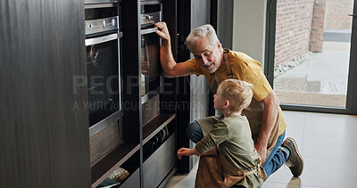 Buy stock photo Grandfather, kid and cooking at oven in kitchen, care and learning together in home. Happy grandpa, boy and child baking, waiting and love of family bonding, watching and prepare dessert in house