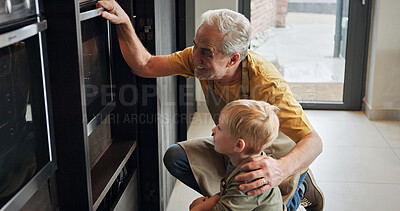 Buy stock photo Grandparent, child and baking at oven in kitchen, care and support or learning together in home. Happy grandpa, boy and kid cooking, waiting and love of family bonding, watching and prepare dessert