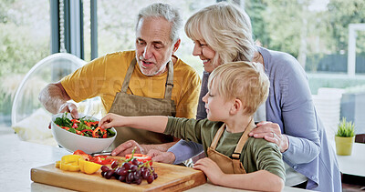 Buy stock photo Kitchen, vegetables salad and happy family cooking nutrition food, home recipe or teaching child development. Nutritionist, organic ingredients and relax mom, dad and kid learning to make vegan meal