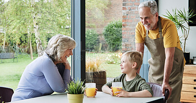 Buy stock photo Happy, home and grandparents with child talking for bonding, relationship and relax on weekend. Retirement, family and grandma, grandpa and young boy sitting for conversation, chat and speaking