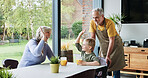 Grandparents, boy and kid with high five or happy for celebration, bonding and victory in dining room of home. Family, senior people and grandchild with hand gesture for support, motivation and smile