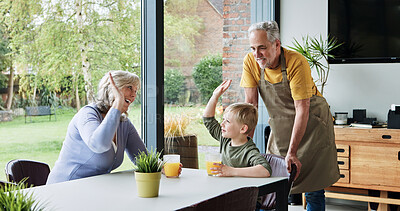 Buy stock photo Grandparents, boy and kid with high five or happy for celebration, bonding and victory in dining room of home. Family, senior people and grandchild with hand gesture for support, motivation and smile