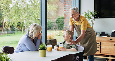 Buy stock photo Grandfather, grandmother or child with orange juice for lunch or nutrition with happiness in family home. Happy, grandparents or kid with drinks, breakfast or vitamin c for health, bonding or care