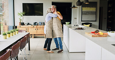 Buy stock photo Senior, couple and dancing in living room or happy with bonding, retirement and marriage in apartment. Elderly, man or woman and dance for relationship, embrace or romance with smile in house or home