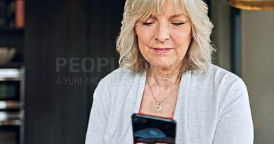 Buy stock photo Woman, smartphone and senior on technology, conversation and social media or reading news online. Elderly person, cellphone and internet connection or mobile app for communication and web at home