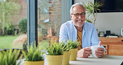 Buy stock photo Senior, man and portrait with coffee in living room for relax, peace and retirement with happiness in home. Elderly, person and face with beverage or smile in lounge of house for break and enjoyment