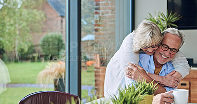 Buy stock photo Happy, hugging and senior couple at their home for love, bonding and romance together in morning. Smile, care and elderly woman embracing her husband from Australia at modern house on a weekend.