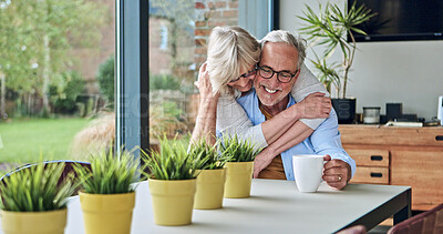 Buy stock photo Smile, hugging and senior couple at their home for love, bonding and romance together in morning. Happy, care and elderly woman embracing her husband from Australia at modern house on a weekend.