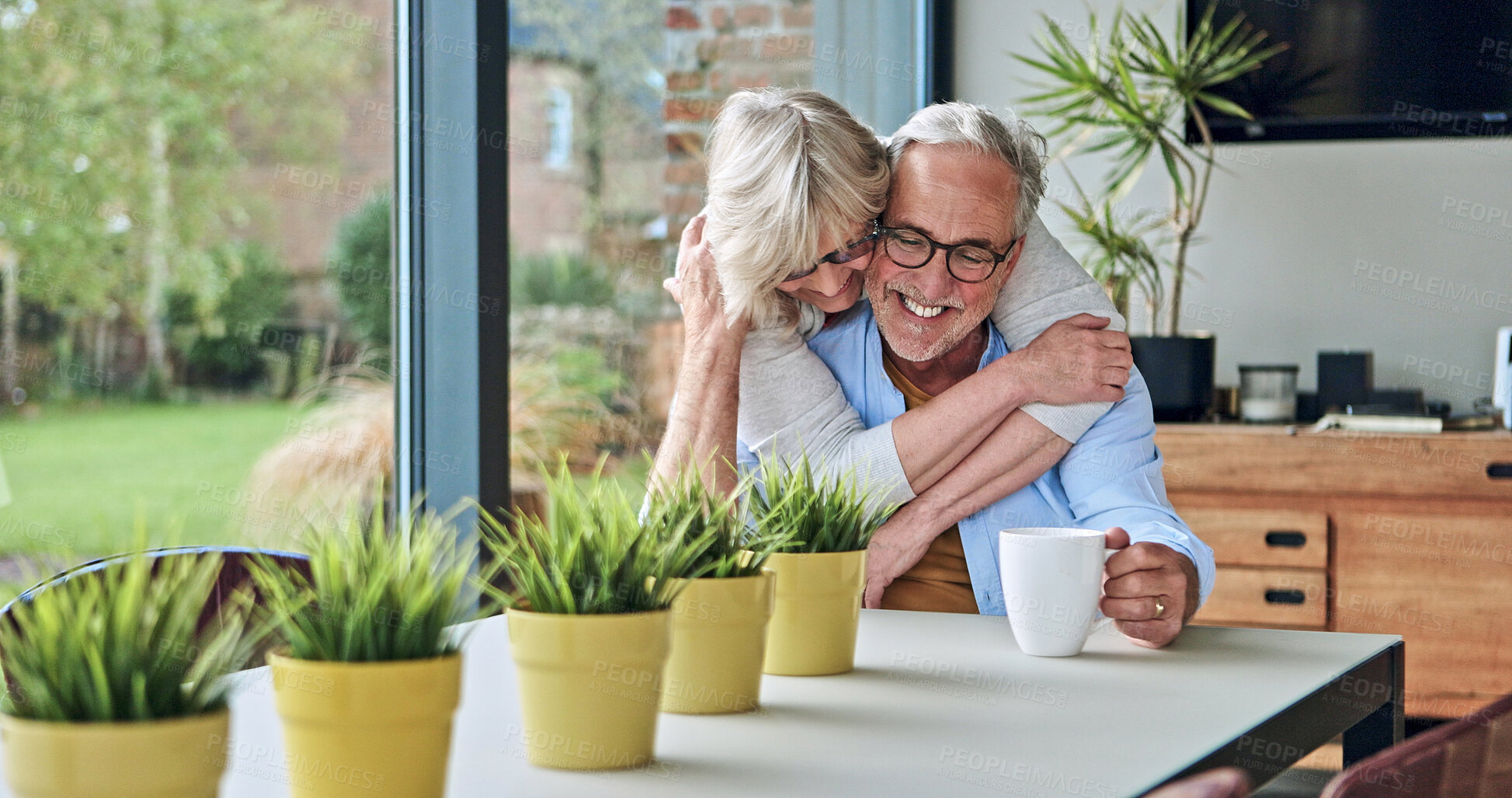 Buy stock photo Smile, hugging and senior couple at their home for love, bonding and romance together in morning. Happy, care and elderly woman embracing her husband from Australia at modern house on a weekend.