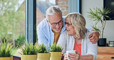 Buy stock photo Happy, hugging and senior couple at their home for love, bonding and romance together in morning. Smile, care and elderly man embracing wife in retirement from Australia at modern house on weekend.