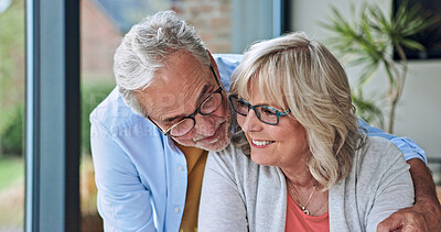 Buy stock photo Smile, embracing and senior couple at their home for love, bonding and romance together in morning. Happy, care and elderly man hug his wife in retirement from Australia at modern house on weekend.