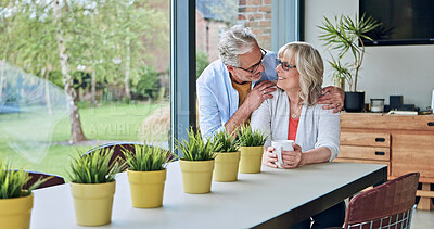 Buy stock photo Happy, hugging and elderly couple at their home for love, bonding and romance together in morning. Smile, care and senior man embracing wife from Australia in retirement at modern house on weekend.