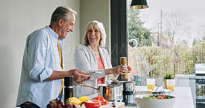 Buy stock photo Elderly, couple and cooking in kitchen with tablet for meal prep, recipe idea and digital menu and happy. Senior, man and woman with technology at home for healthy food ingredients and diet planning