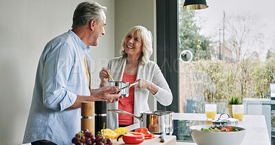 Buy stock photo Elderly, couple and cooking in kitchen with tablet for meal prep, recipe idea and digital menu with happy. Senior, man and woman with technology at home for healthy food ingredients and diet planning