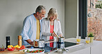 Mature, couple and cooking in home with support, love and meal prep with healthy food in kitchen. Happy, man and woman embrace together at stove with vegetables, diet or nutrition in dinner or lunch