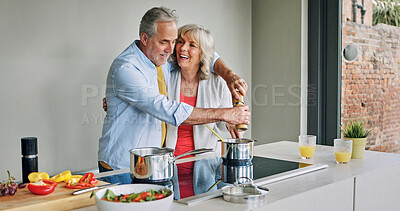 Buy stock photo Cooking, kitchen and senior couple with food for lunch, supper and prepare for bonding together. Marriage, retirement and man and woman at home for meal prep, cutting vegetables and healthy dinner