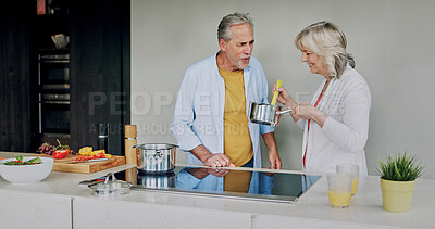 Buy stock photo Cooking, kitchen and mature couple with food for lunch, supper and prepare for bonding together. Marriage, retirement and man and woman at home for meal prep, cutting vegetables and healthy dinner