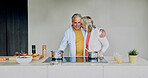Mature, couple and cooking in home with hug, love and meal prep with healthy food in kitchen. Happy, man and woman together at stove with vegetables, diet or support for nutrition in dinner or lunch