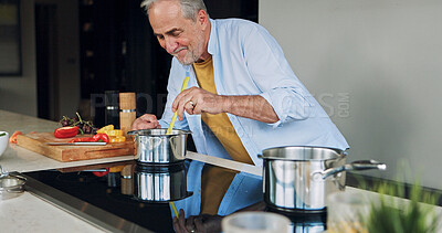 Buy stock photo Cooking, kitchen and happy old man with food for lunch, supper and prepare healthy dinner in home. Retirement, chef and mature person with natural ingredients, cutting vegetables and organic meal