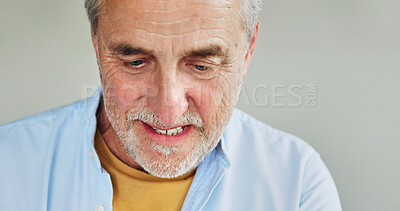 Buy stock photo Thinking, face and senior man in his home for with memory, calm or moment of reflection on wall background. Remember, headshot and elderly male person in his home with retirement break and nostalgia
