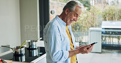Buy stock photo Senior man in kitchen with smile, smartphone and breakfast with social media meme in house. Home, online communication and elderly person with phone, networking and reading happy email on mobile app
