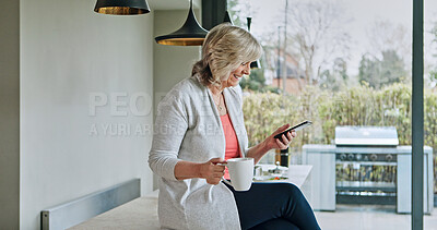Buy stock photo Woman, drinking coffee and smartphone or happy in kitchen, funny online conversation and social media. Smiling mature person, cellphone and internet connection or mobile app for communication at home
