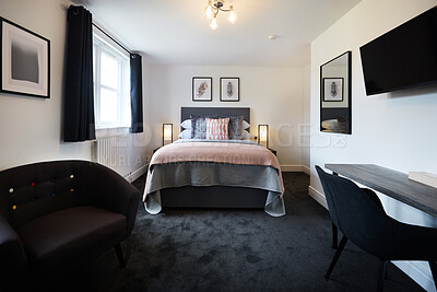 Buy stock photo Bed, empty room and hotel furniture for accommodation for travel comfort for weekend trip, holiday or interior design. Lodge, home decor and apartment in London for tourist rent, vacation or service