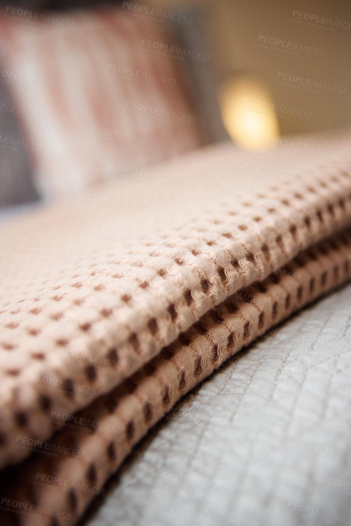 Buy stock photo Blanket, fabric and interior of hotel bedroom, duvet or comforter for accommodation with pillows. Closeup of bed in empty room, house or apartment resort with soft blankets, material or linen at home