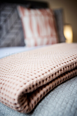 Buy stock photo Blanket, fabric and interior of hotel bed with duvet, comforter and pillows for accommodation. Closeup of empty bedroom, house or apartment at resort with soft cushion, material or linen at home