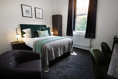 Buy stock photo Hotel, bedroom and interior of home decor for accommodation with duvet, comforter and pillows. Empty room of furniture in house, apartment or resort with linen sheets in luxury getaway or hospitality