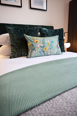 Buy stock photo Hotel, bedroom and interior patterns of home decor for accommodation with duvet, comforter and pillows. Empty room of bed in house, apartment or resort with linen sheets for luxury in hospitality