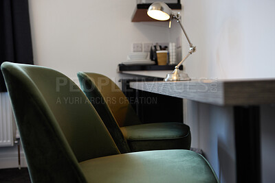 Buy stock photo Travel, desk and interior of hotel room for business, work trip and comfortable or accommodation. Workspace, furniture and hospitality at empty lodge, chair and luxury design or office for freelancer