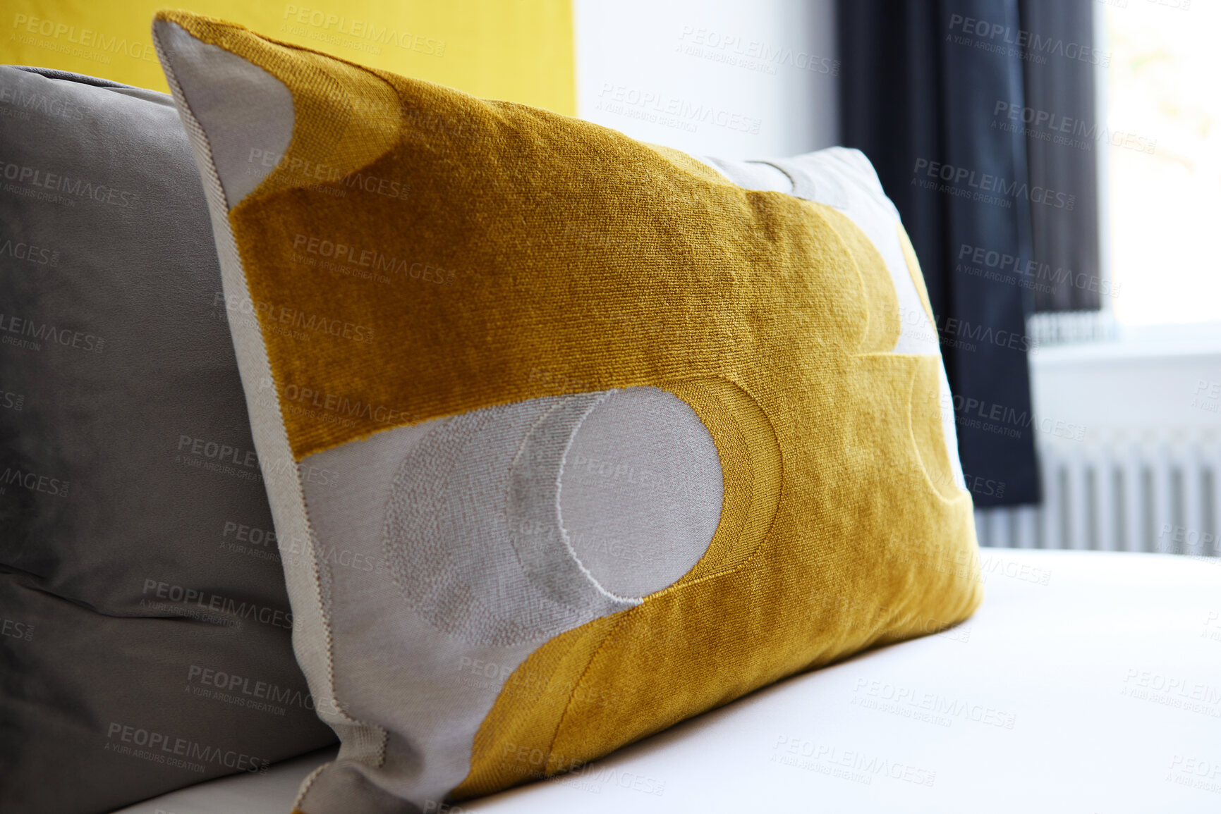 Buy stock photo Bed, pillow closeup and interior of hotel room with hospitality, accommodation and comfort with furniture and decor. Minimalist bedroom, property or house for vacation, getaway or luxury resort