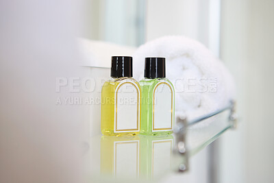 Buy stock photo Hotel, hygiene and bottle of soap in bathroom at luxury accommodation for travel, vacation or holiday. Hospitality, health and closeup of liquid products in washroom at classy lodge for weekend trip.