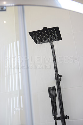 Buy stock photo Shower head, water and bathroom for hygiene health in home for cleaning bacteria, wellness or routine. Faucet, hydration and morning equipment in London apartment for self care, washing or plumbing