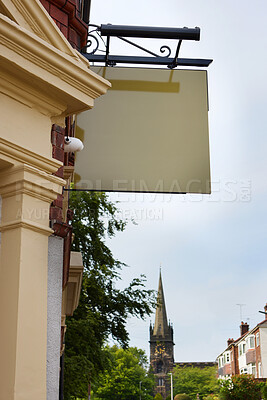 Buy stock photo Hotel, building and outdoor sign in small town for travel destination in Italy for explore, hospitality or property. Architecture, apartment and accommodation for vacation journey, trip or holiday